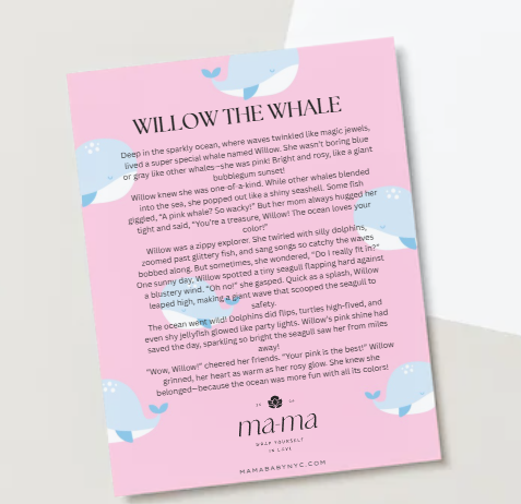 Storybook-style card with text about 'Willow the Whale'