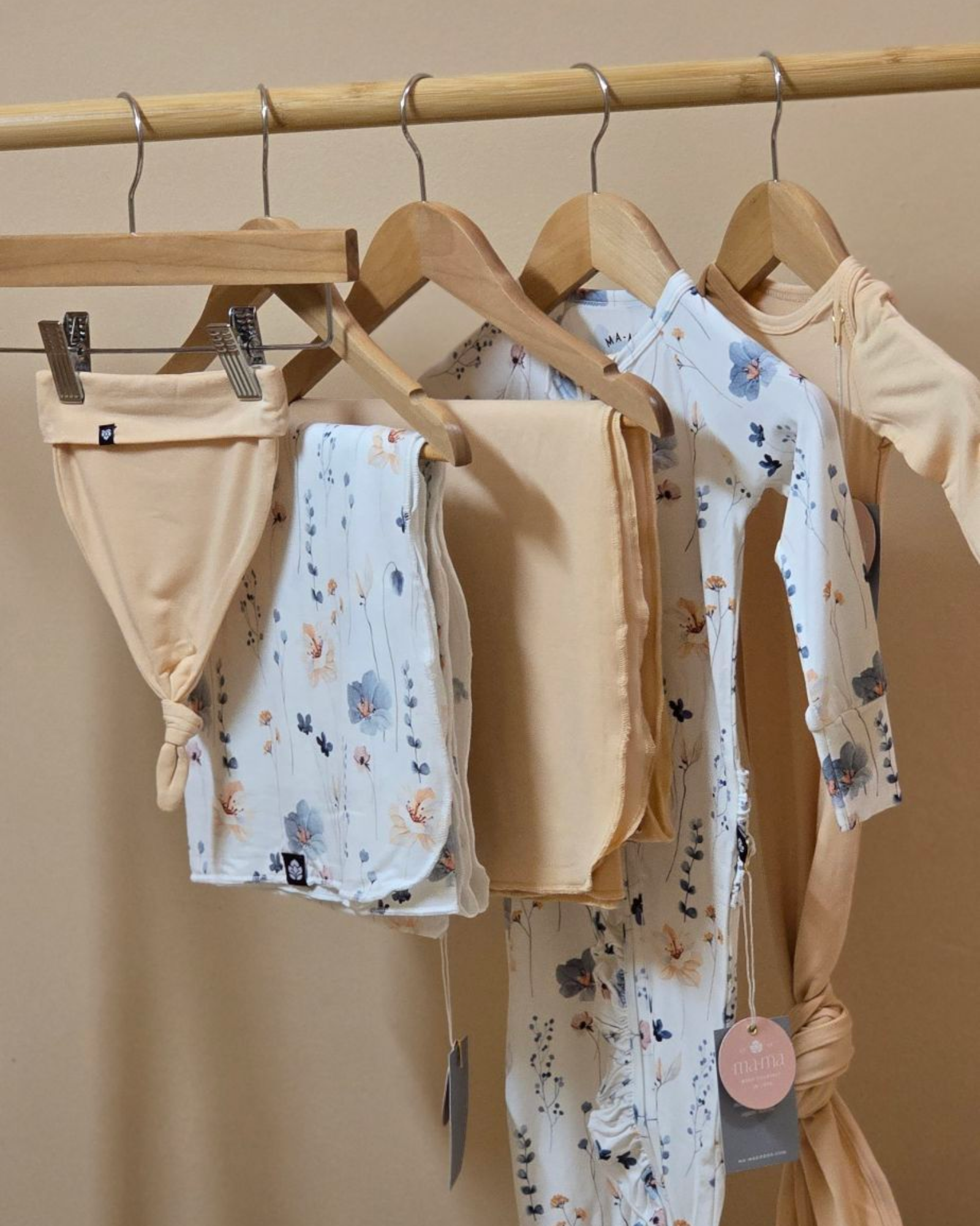Bamboo Swaddle, Hat, Knotted Gown and Footie Set Cotton Flower Design MA-MA NYC